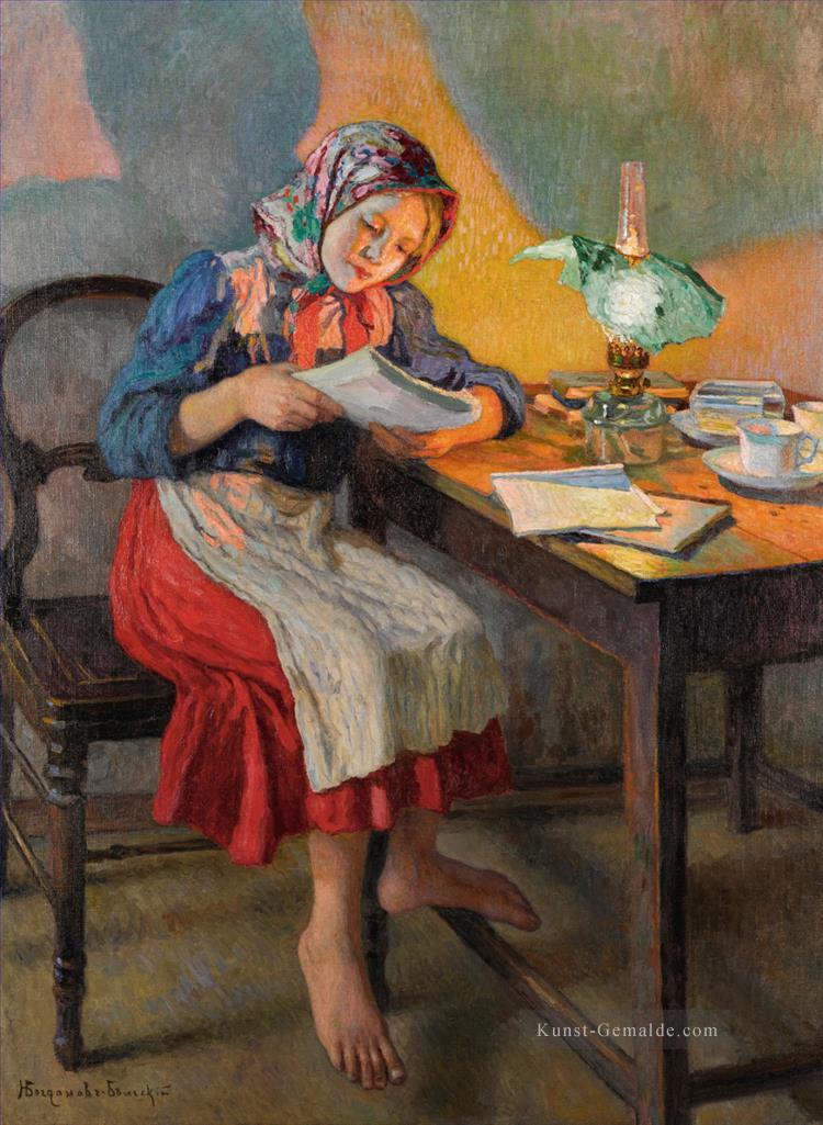 Lesung durch die Lampe Nikolay Belsky Kind Ölgemälde